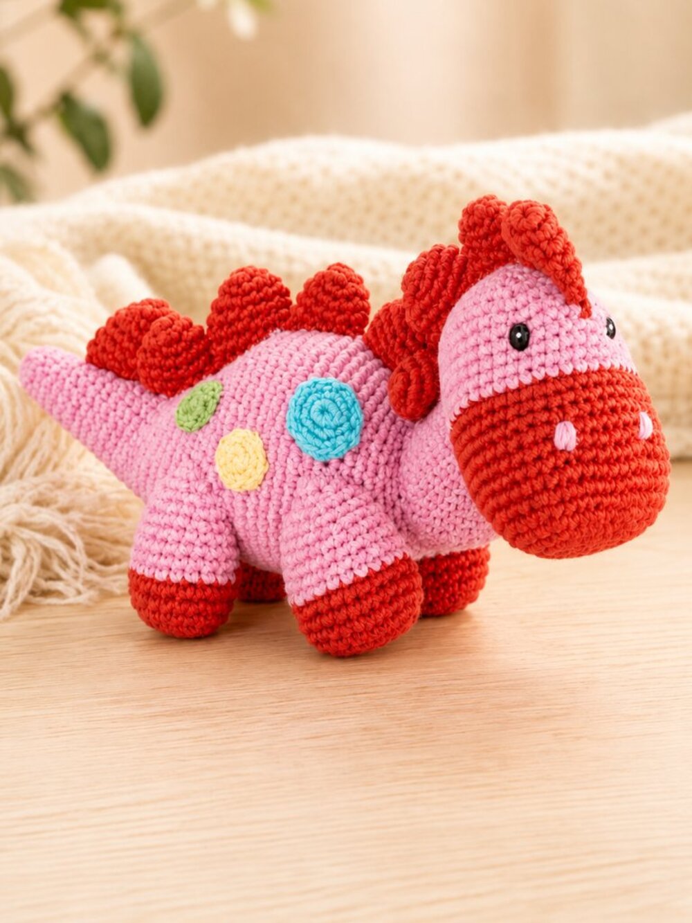 NWT Crochet Pink & Red Stegosaurus Dinosaur Plush Baby Rattle